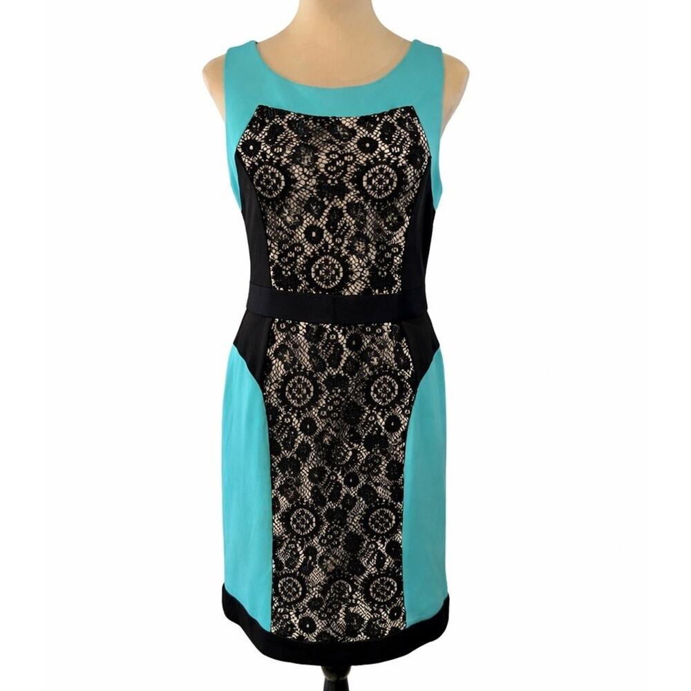 Betsy Johnson‎ Sz 12 Dress Turquoise Black Lace Overlay Cocktail Party Sheath